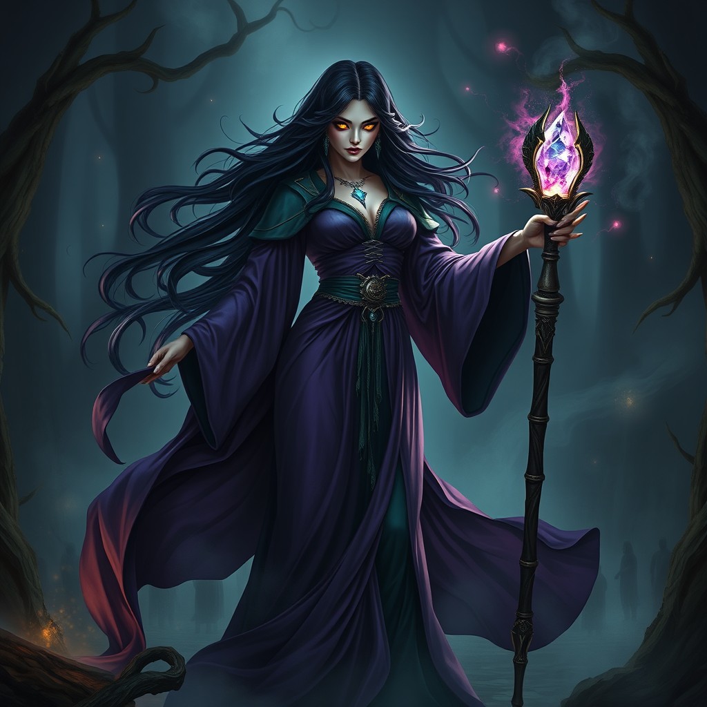 A powerful female necromancer standing in a dark, enchanted forest