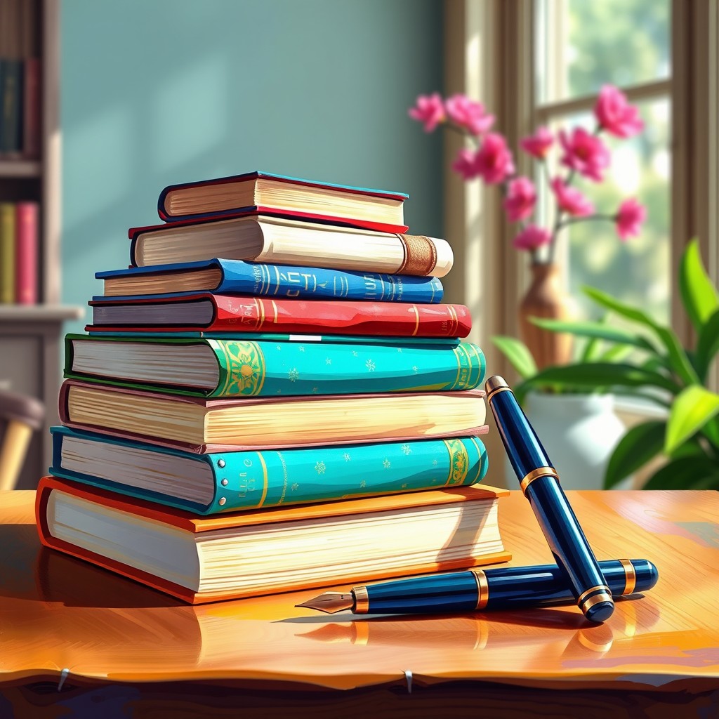 A beautiful book cover design featuring a variety of aesthetically pleasing books stacked on a lovely wooden table