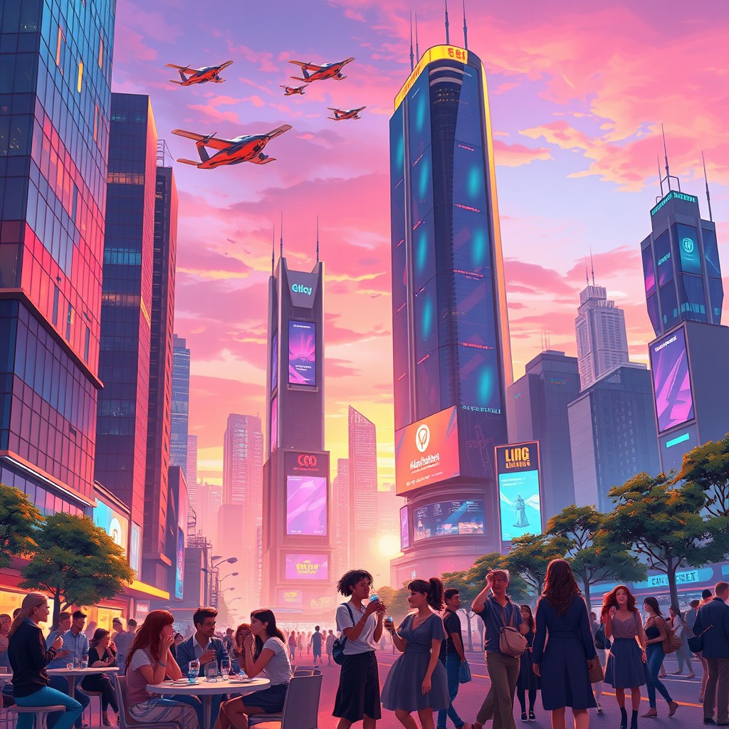 A vibrant digital illustration of a futuristic cityscape at dusk, showcasing towering skyscrapers with neon lights