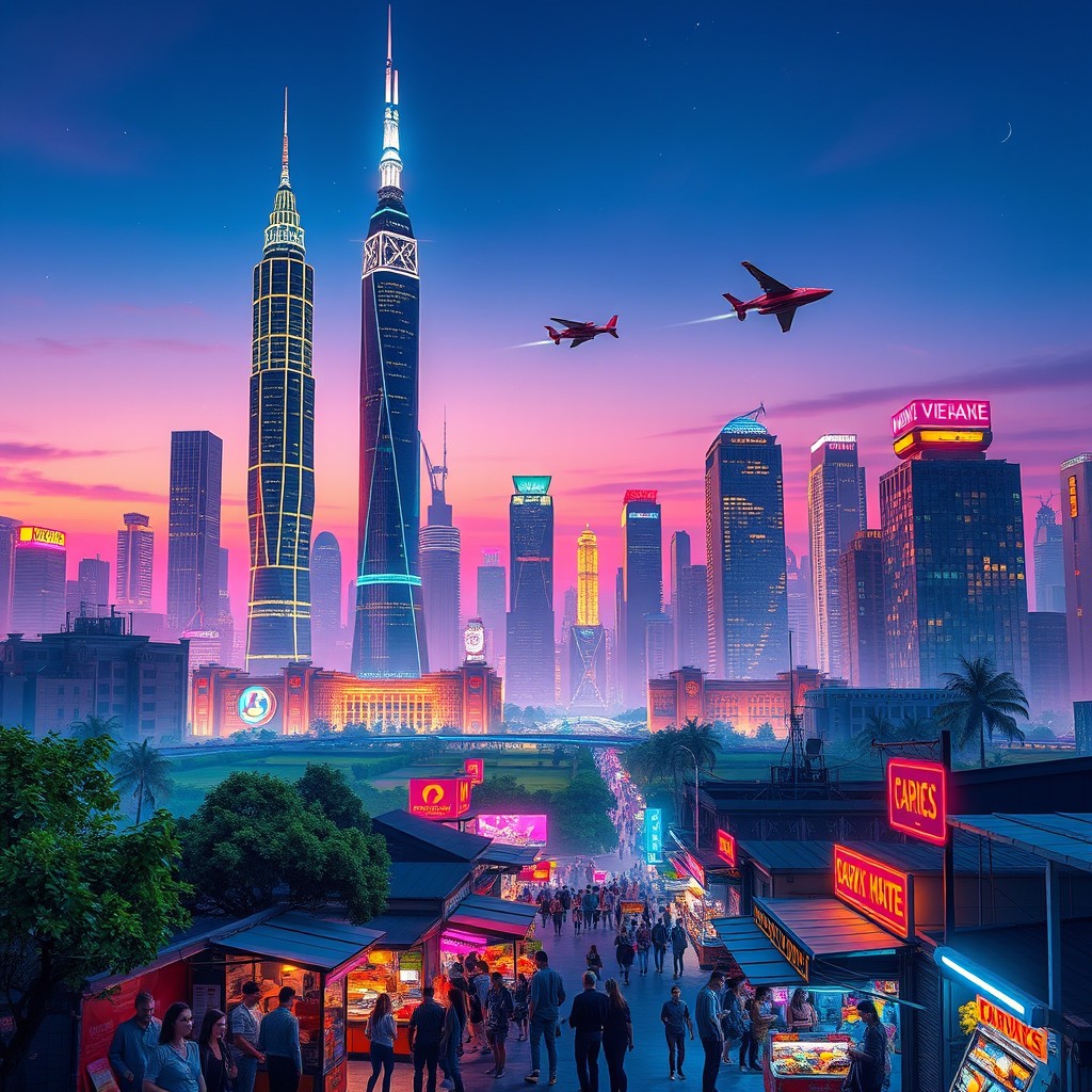 A vibrant, futuristic city skyline at dusk, featuring tall, shining skyscrapers with neon lights illuminating the streets below