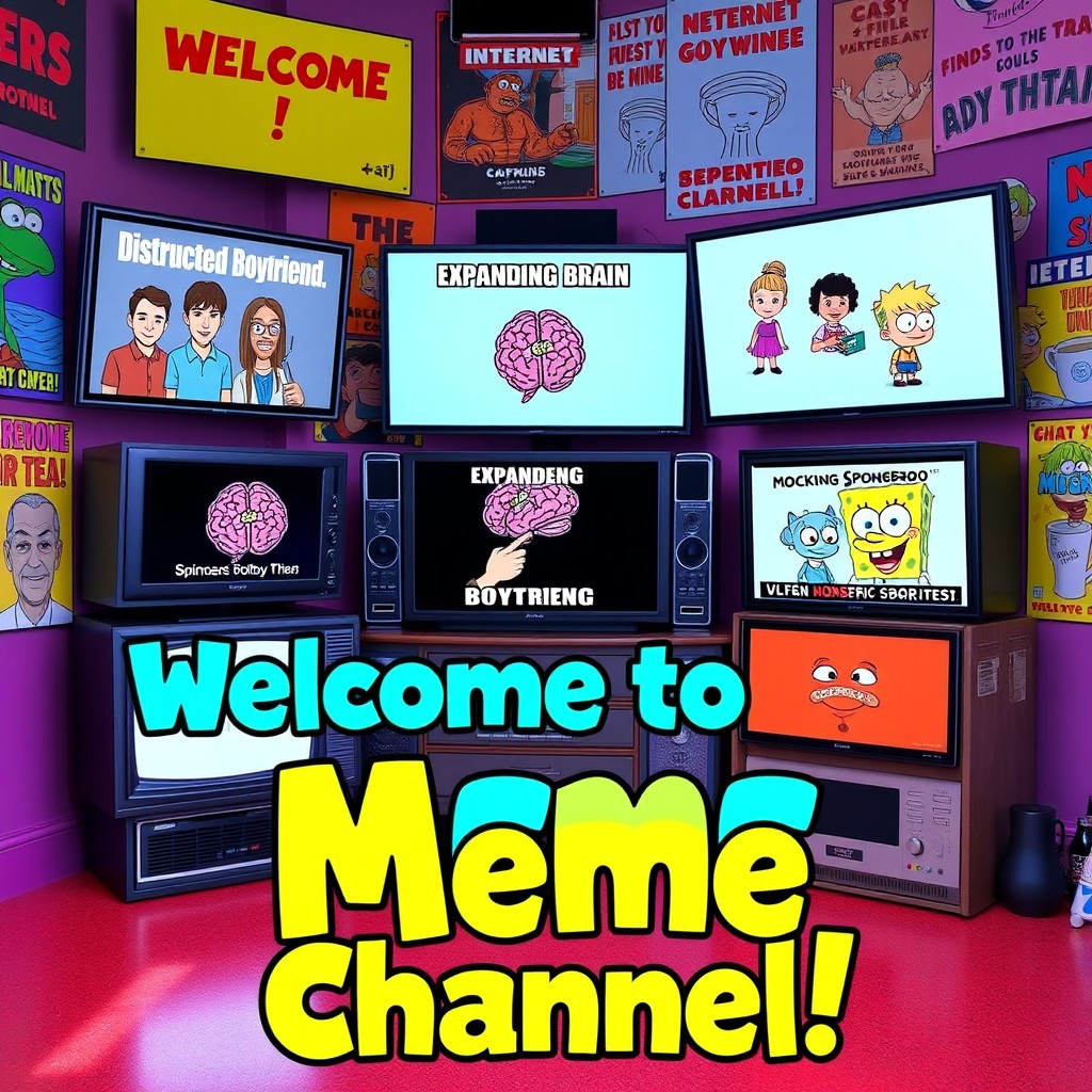 A vibrant and humorous image depicting a meme channel setup with multiple screens showcasing various popular memes