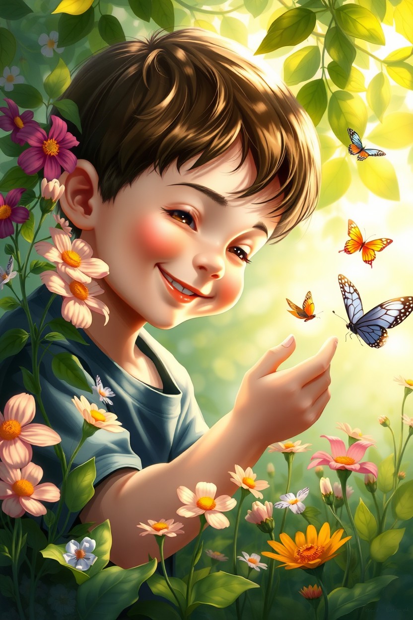 A beautiful digital painting depicting a young boy interacting lovingly with nature