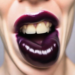 A close-up image of a mouth biting into a large, ripe aubergine. The aubergine is vibrant purple, contrasting with the natural colors of the lips and teeth.