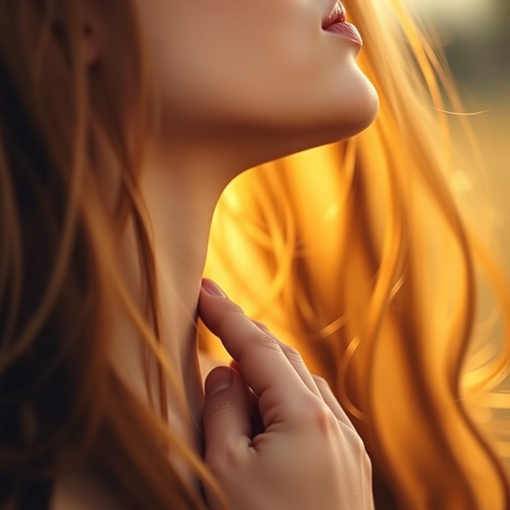 A romantic scene featuring a close-up of a tender kiss on a girl's neck, emphasizing the soft skin and gentle lips touching her delicate neck