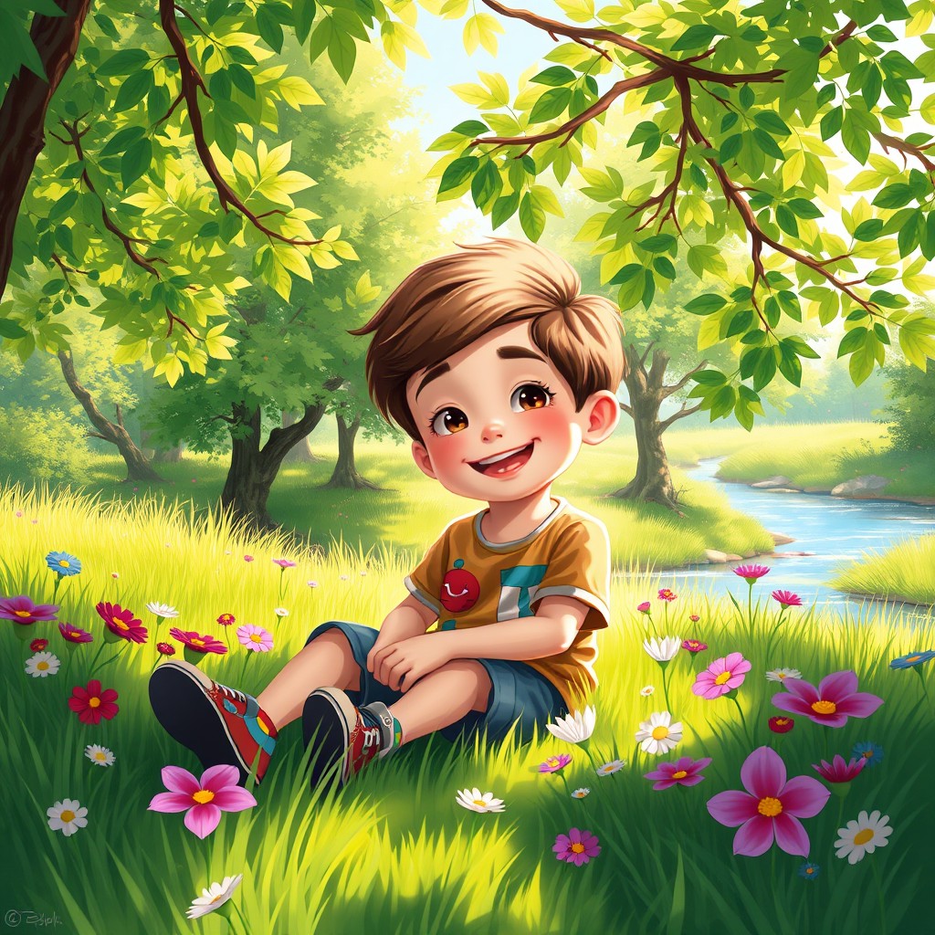 A beautiful digital painting of a boy sitting peacefully in a serene nature setting