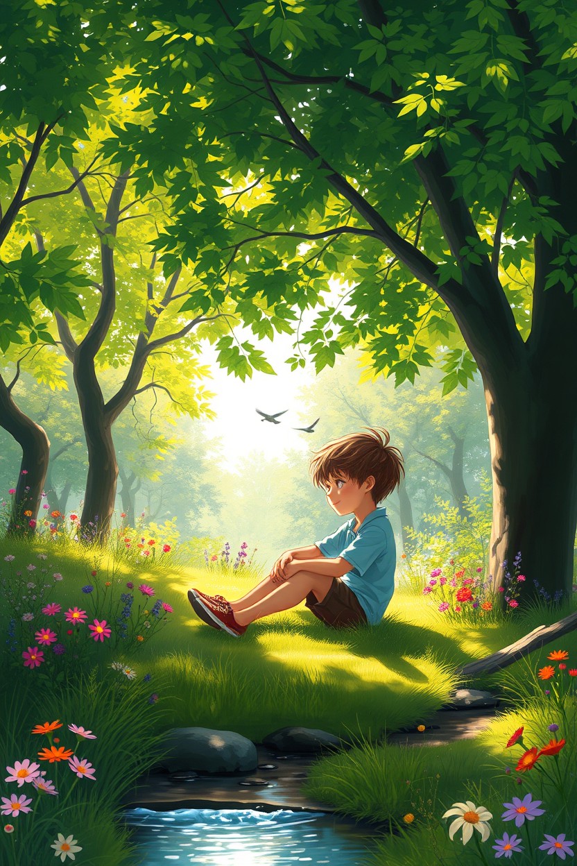A serene and beautiful digital painting of a boy sitting peacefully in a lush natural setting