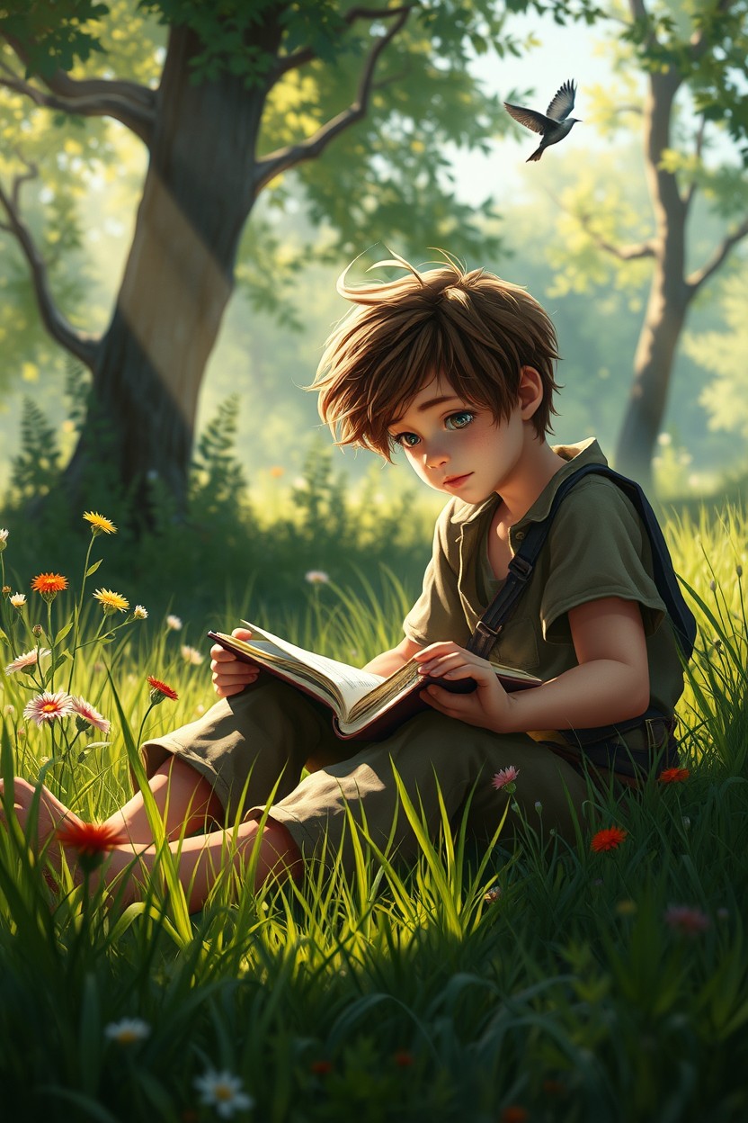 A beautiful digital painting of a young vagabond boy sitting in a lush green meadow surrounded by nature, deeply focused on studying books