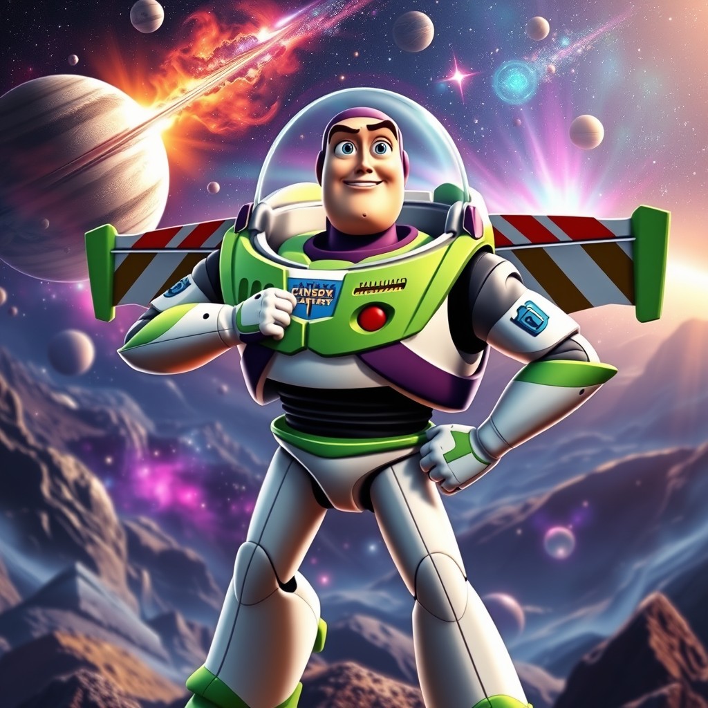 An imaginative portrayal of Buzz Lightyear, a heroic space ranger character, standing confidently in a vibrant sci-fi landscape