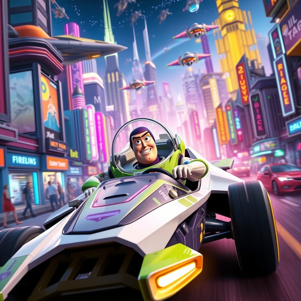 An exciting scene featuring Buzz Lightyear driving a futuristic space car through a vibrant sci-fi cityscape