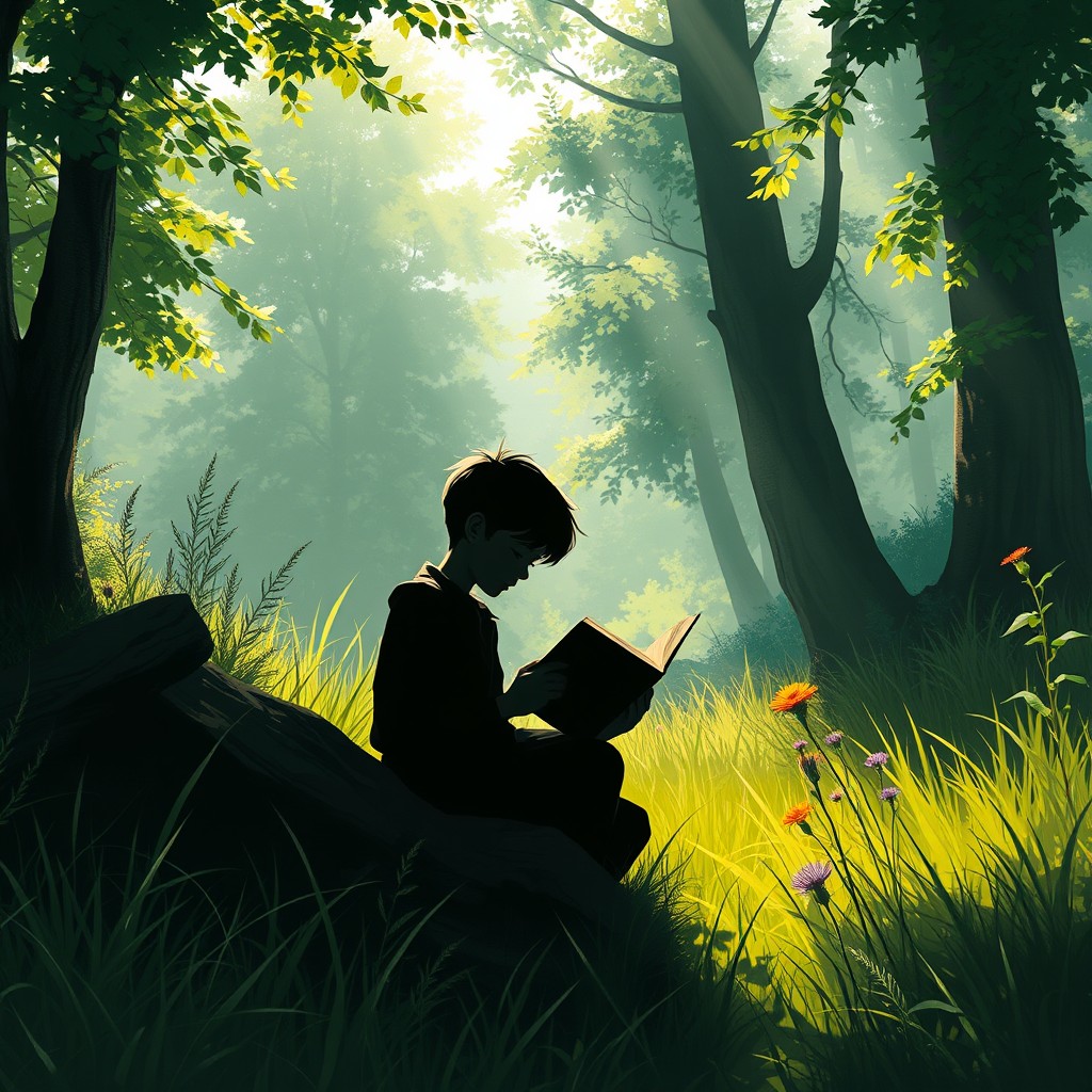 A beautiful digital painting depicting the shadow of a young vagabond boy, deeply immersed in studying books amidst a serene natural landscape