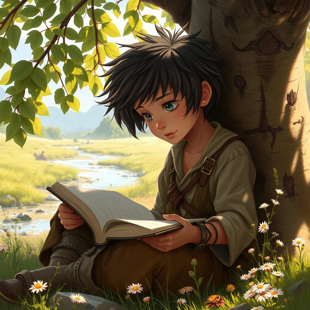 A beautiful digital painting of a young vagabond boy studying books in a serene nature setting