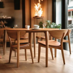 A natural color, teak wood dining chair with a fire-inspired design, placed in a cozy café during dinner time with a friend, while live music plays softly in the background.