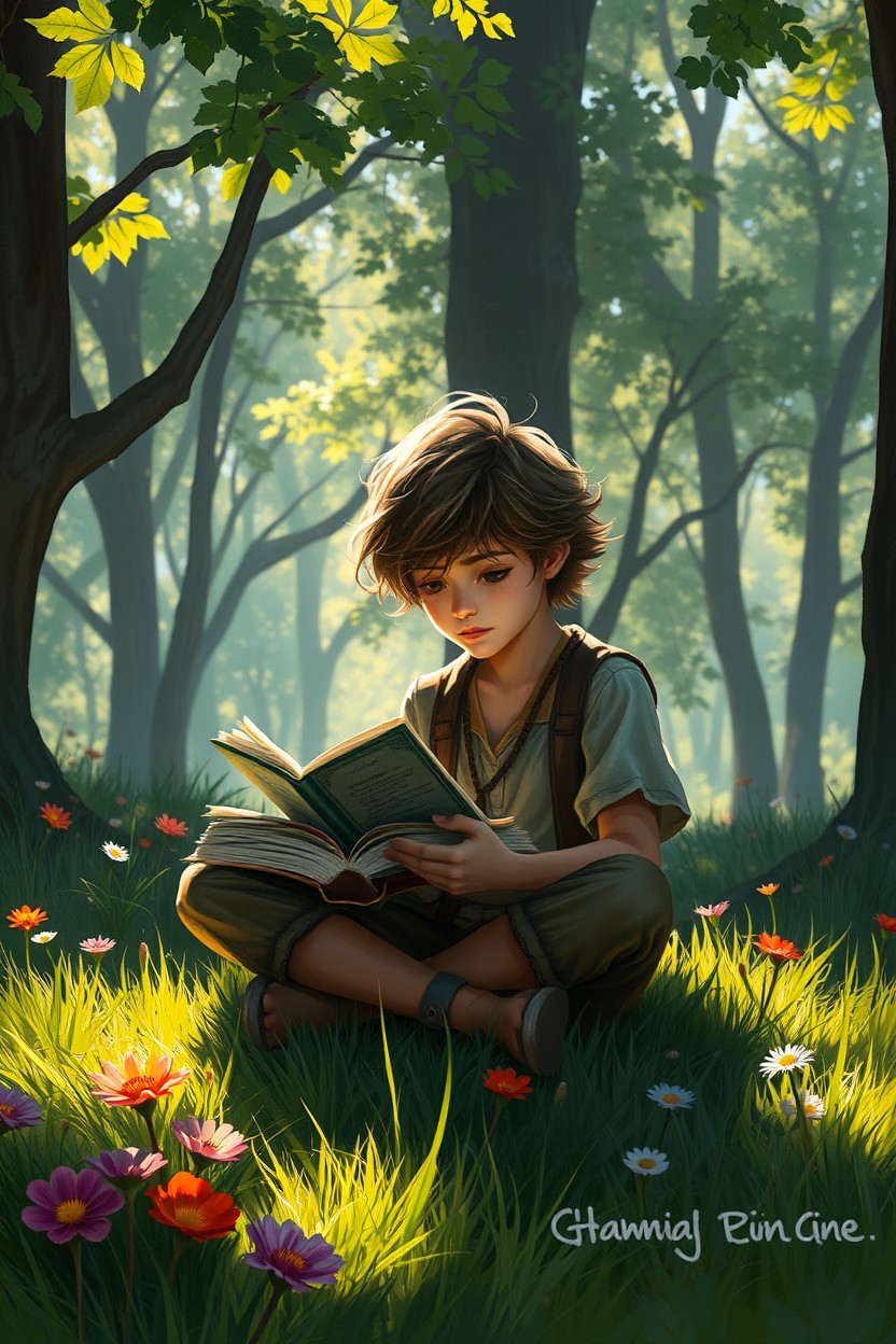 A beautiful digital painting depicting the shadow of a young vagabond boy, sitting cross-legged on the lush green grass, surrounded by tall trees and colorful wildflowers