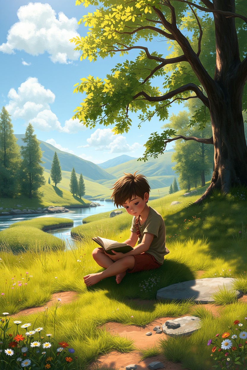 A beautiful digital painting depicting a young vagabond boy studying books in a picturesque natural setting