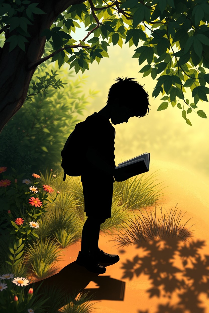 A captivating digital painting showcasing the silhouette of a young vagabond boy engrossed in studying books, set in a stunning natural landscape