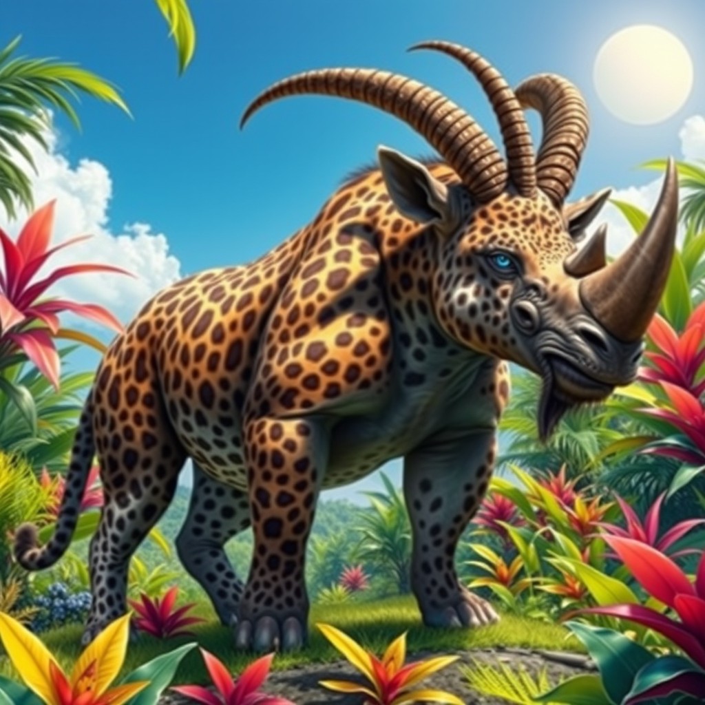 A fantastical creature combining the features of a leopard, a rhinoceros, and a goat
