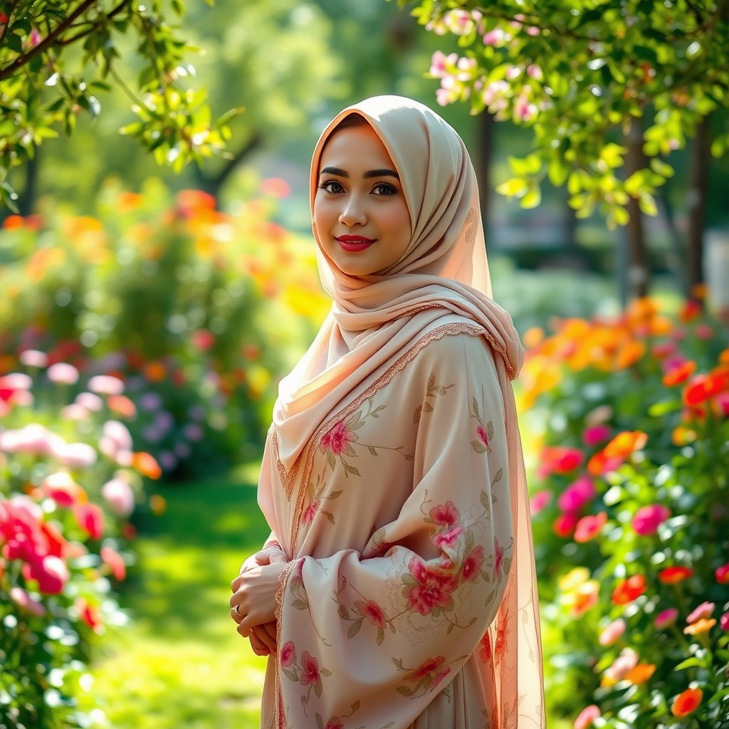 A beautiful and elegant woman wearing a jilbab, standing in a serene outdoor garden filled with colorful flowers and lush greenery