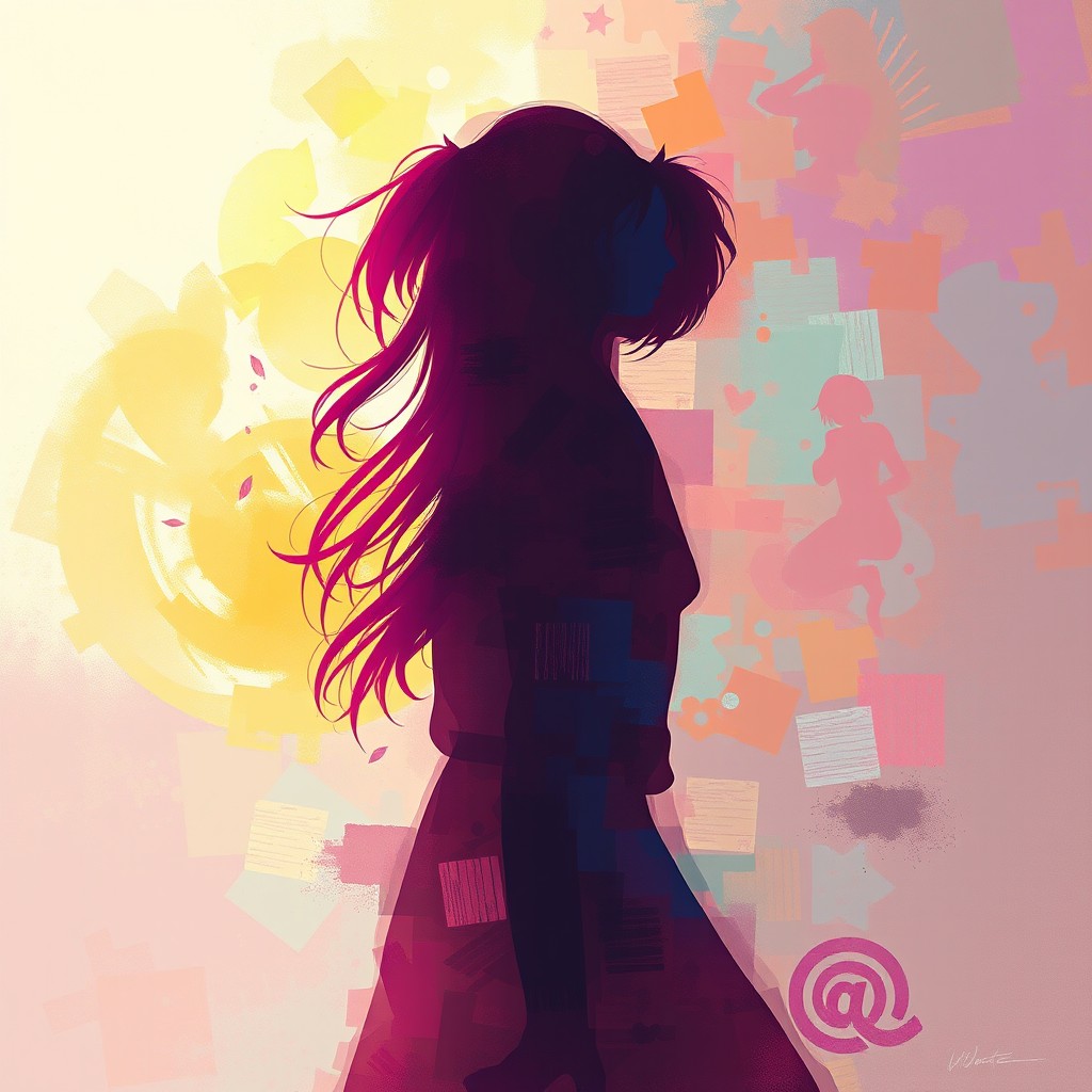 A beautiful digital painting featuring an abstract interpretation of the shadow of a female character, enveloped in a dreamlike atmosphere