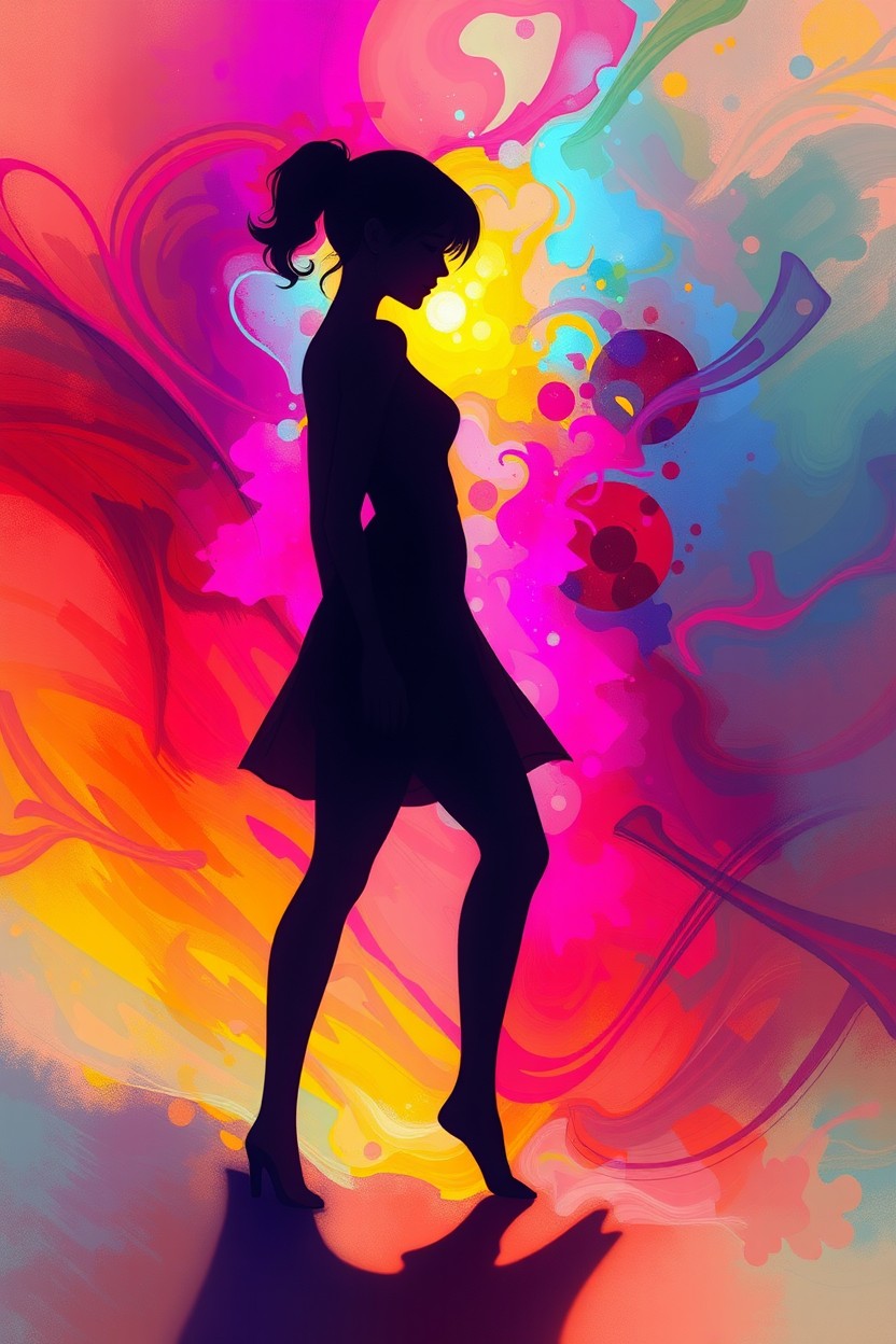 A beautiful digital painting of an abstract scene featuring the shadow of a female character, elegantly posed, symbolizing her connection to her own life and emotions