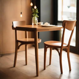 A natural color, teak wood dining chair with a fire-inspired design, placed in a cozy café during dinner time with a friend, while live music plays softly in the background.