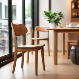 A natural color, teak wood dining chair with a fire-inspired design, placed in a cozy café during dinner time with a friend, while live music plays softly in the background.