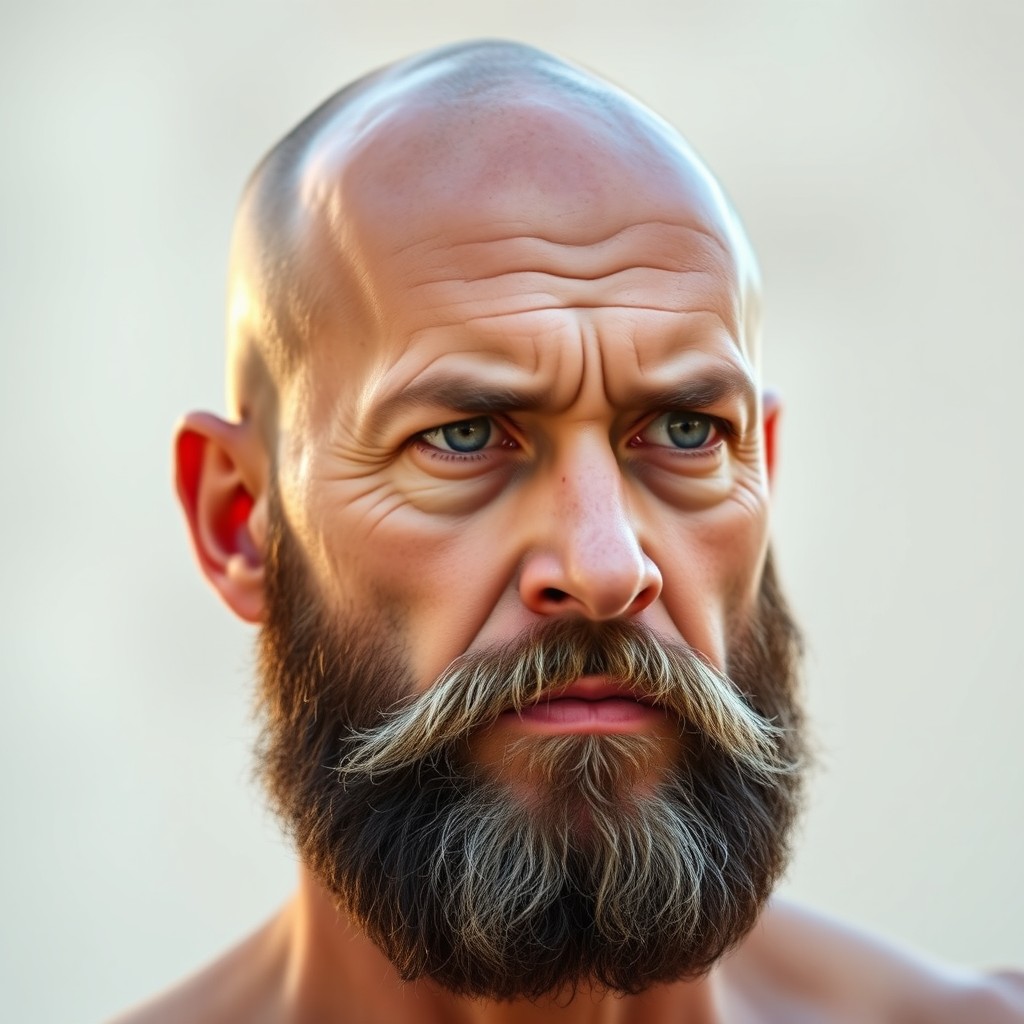 A middle-aged male figure with a short and stocky physique, bald head, and a full, well-groomed beard