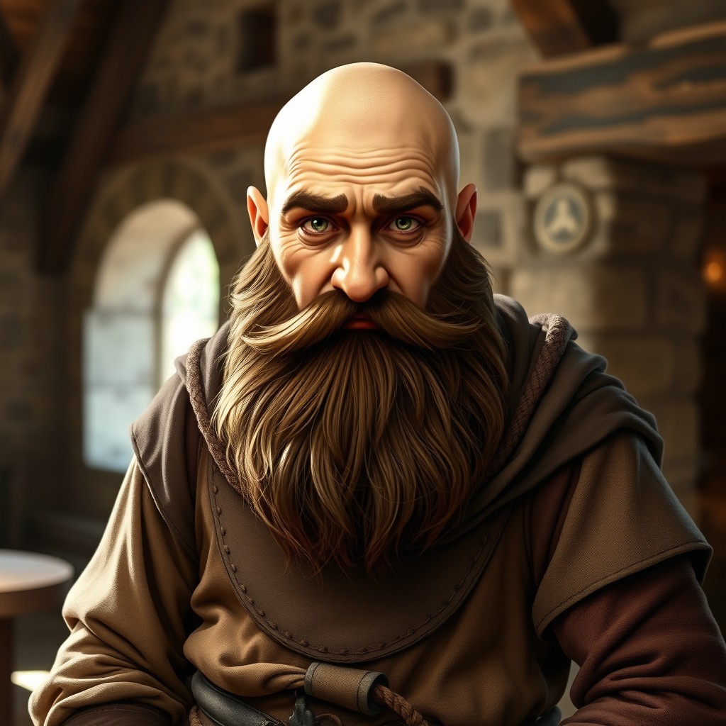 A medieval male character portrayed as short and stout, with a bald head and a full, bushy beard