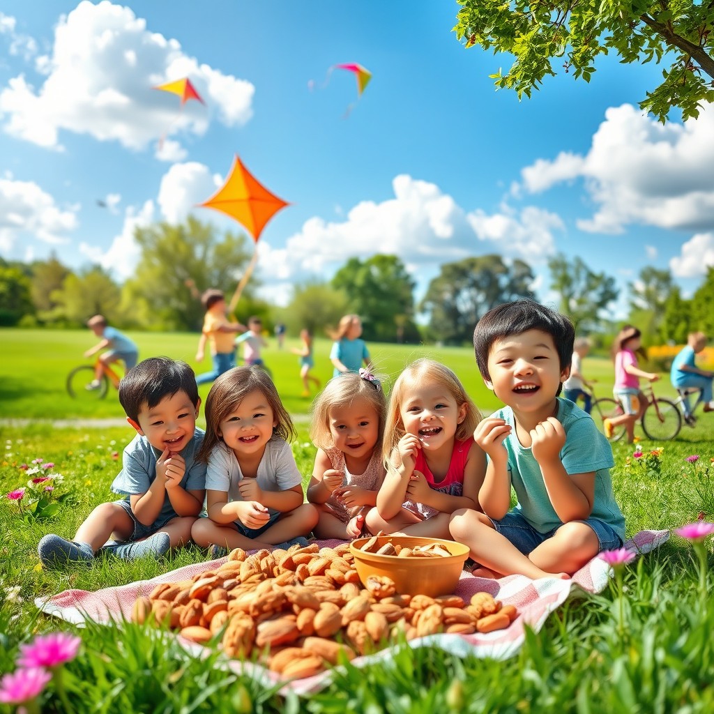 A vibrant and cheerful scene depicting school children joyfully playing outdoors in a sunny park