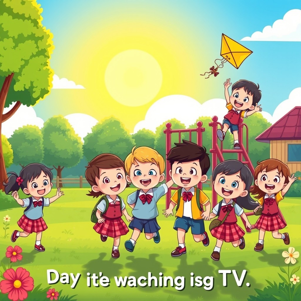 An animated scene featuring a group of cheerful school children joyfully playing outside in a vibrant playground setting