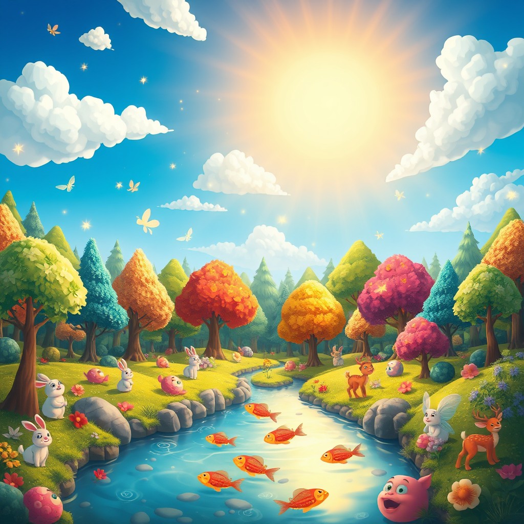 A vibrant animated picture of a whimsical forest scene, filled with colorful trees, playful animals such as rabbits and deer, and sparkling fairy lights floating in the air