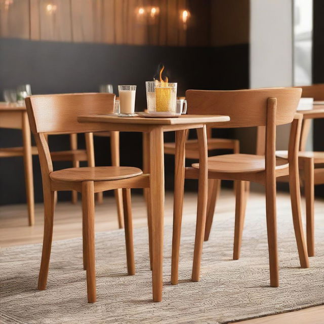 A natural color, teak wood dining chair with a fire-inspired design, placed in a cozy café during dinner time with a friend, while live music plays softly in the background.