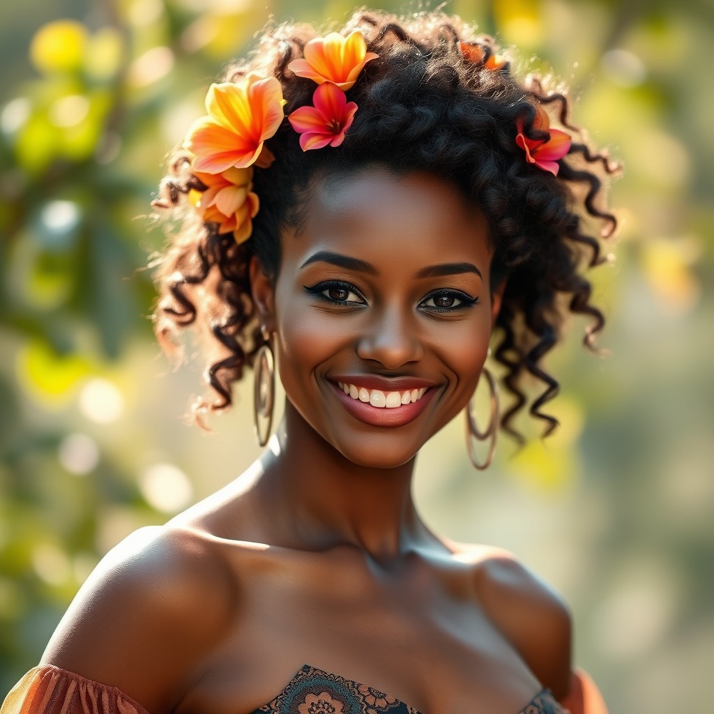 A portrait of a beautiful mulatto woman with a radiant smile, featuring a harmonious blend of light brown and darker skin tones