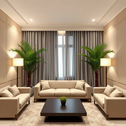 A beautifully designed living room featuring beige PVC wall panels