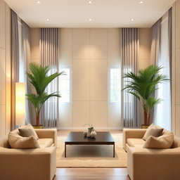 A beautifully designed living room featuring beige PVC wall panels