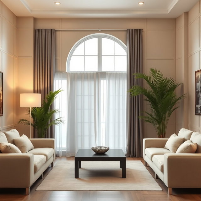A beautifully designed living room featuring beige PVC wall panels