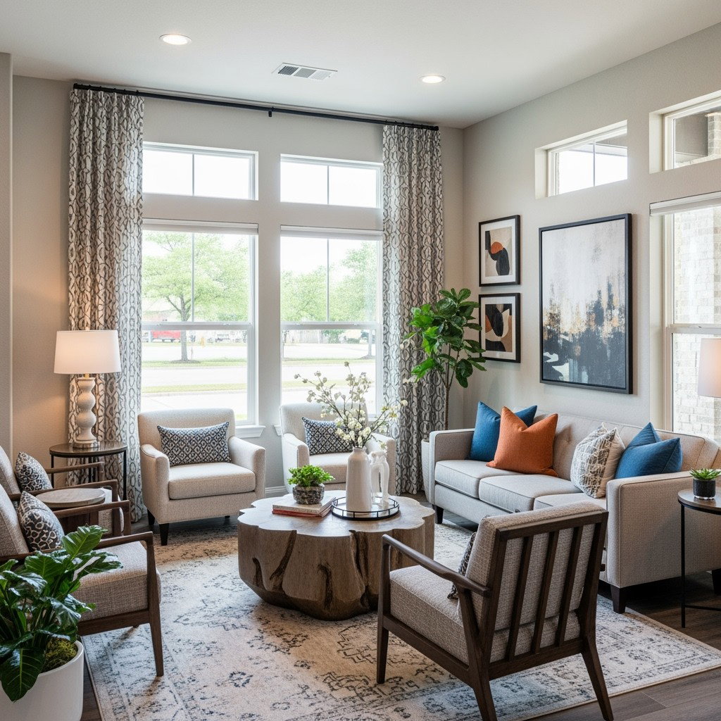 A fresh and inviting redesign of a living room space, showcasing modern aesthetic details