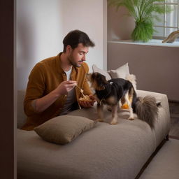 The man in the cozy living room tenderly feeds his dog with an intriguing, exotic food.