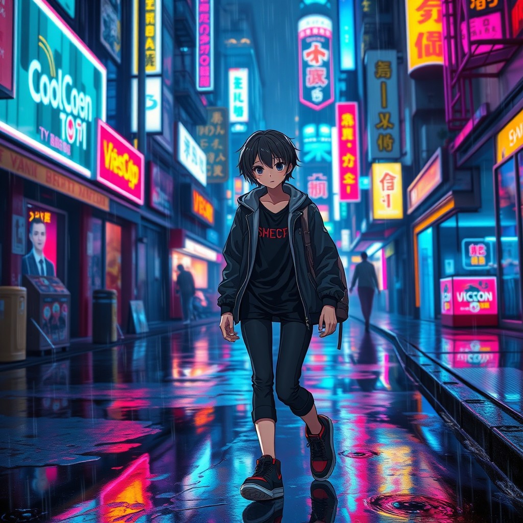 An anime-style teenage character walking down a cyberpunk street at night in a vibrant, futuristic cityscape