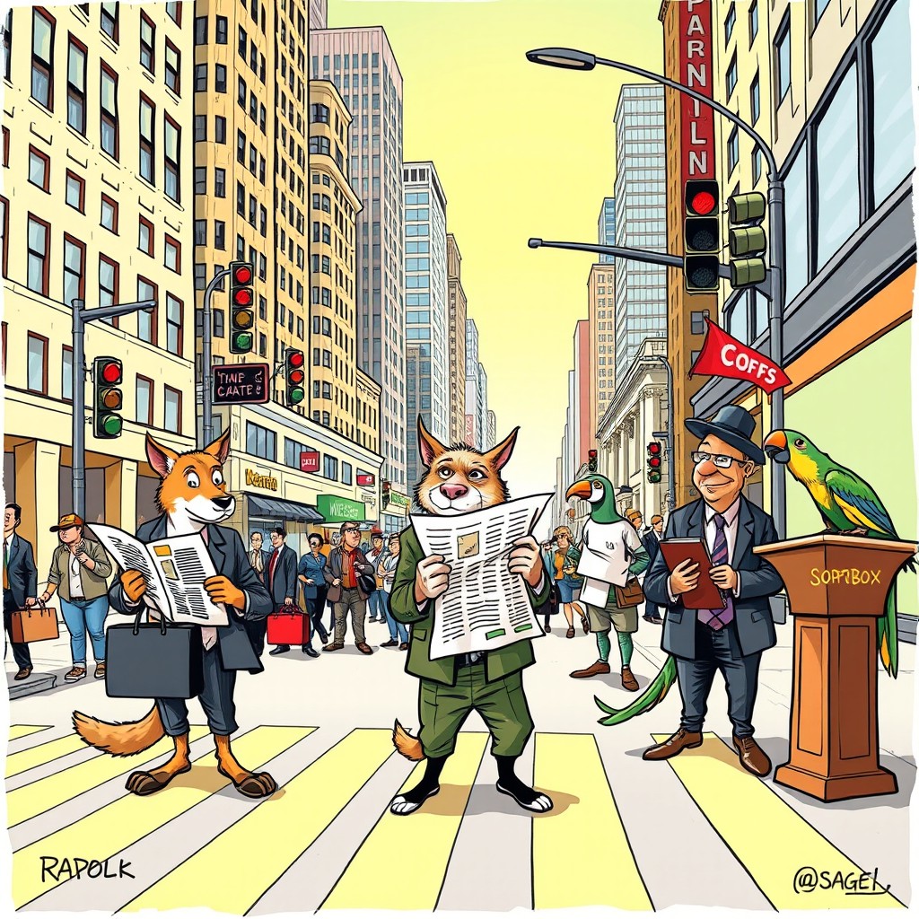 A vibrant and satirical editorial cartoon depicting a bustling city street where animals in business attire carry briefcases and are engaged in various humorous activities, such as a dog reading a newspaper while waiting at a crosswalk, a cat negotiating a deal at a coffee shop, and a parrot giving a speech on a soapbox