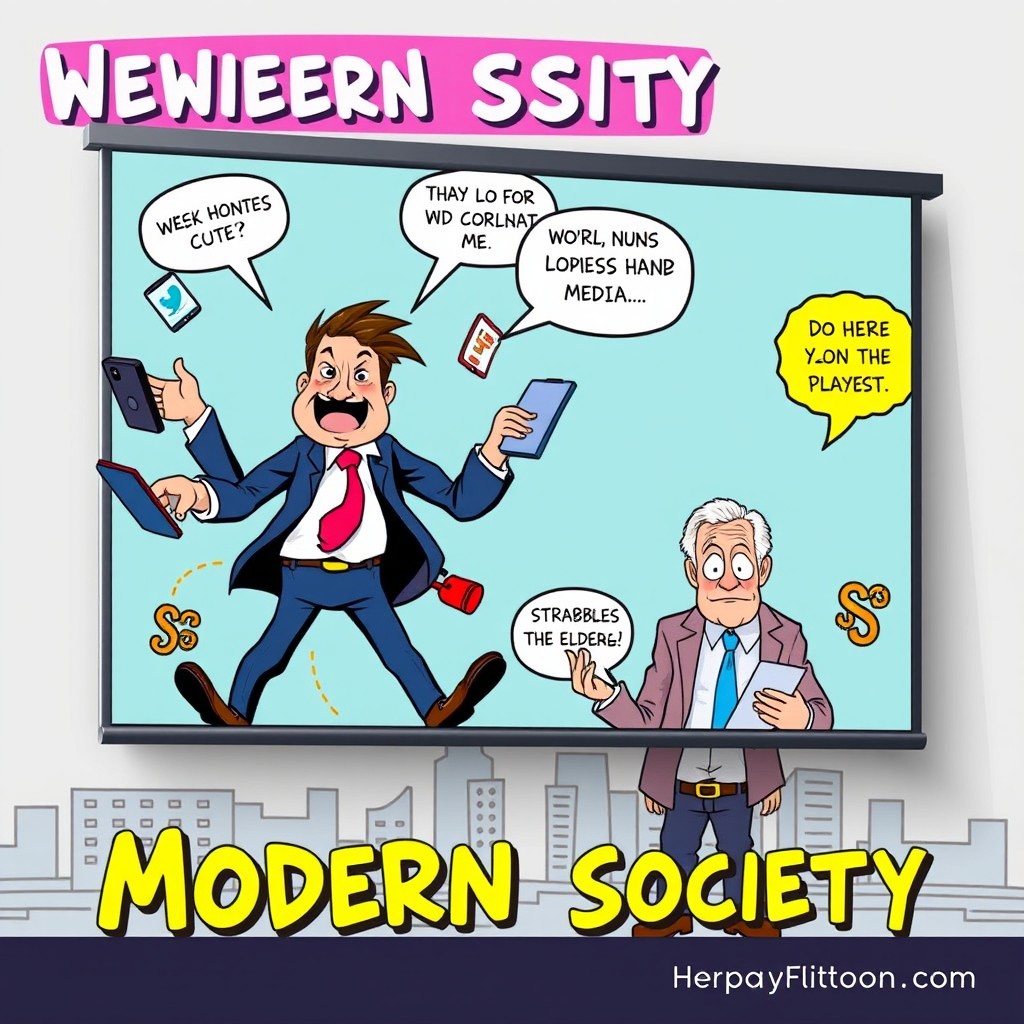 A dynamic presentation slide designed in an editorial cartooning style, showcasing a humorous commentary on modern society