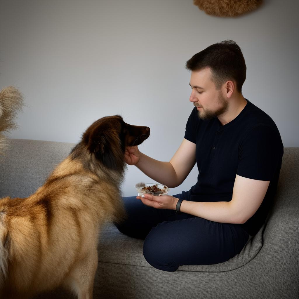 The man in the cozy living room tenderly feeds his dog with an intriguing, exotic food.