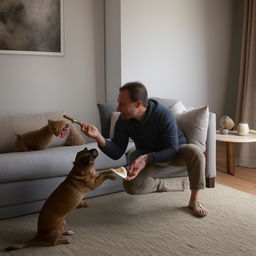 The man in the cozy living room tenderly feeds his dog with an intriguing, exotic food.