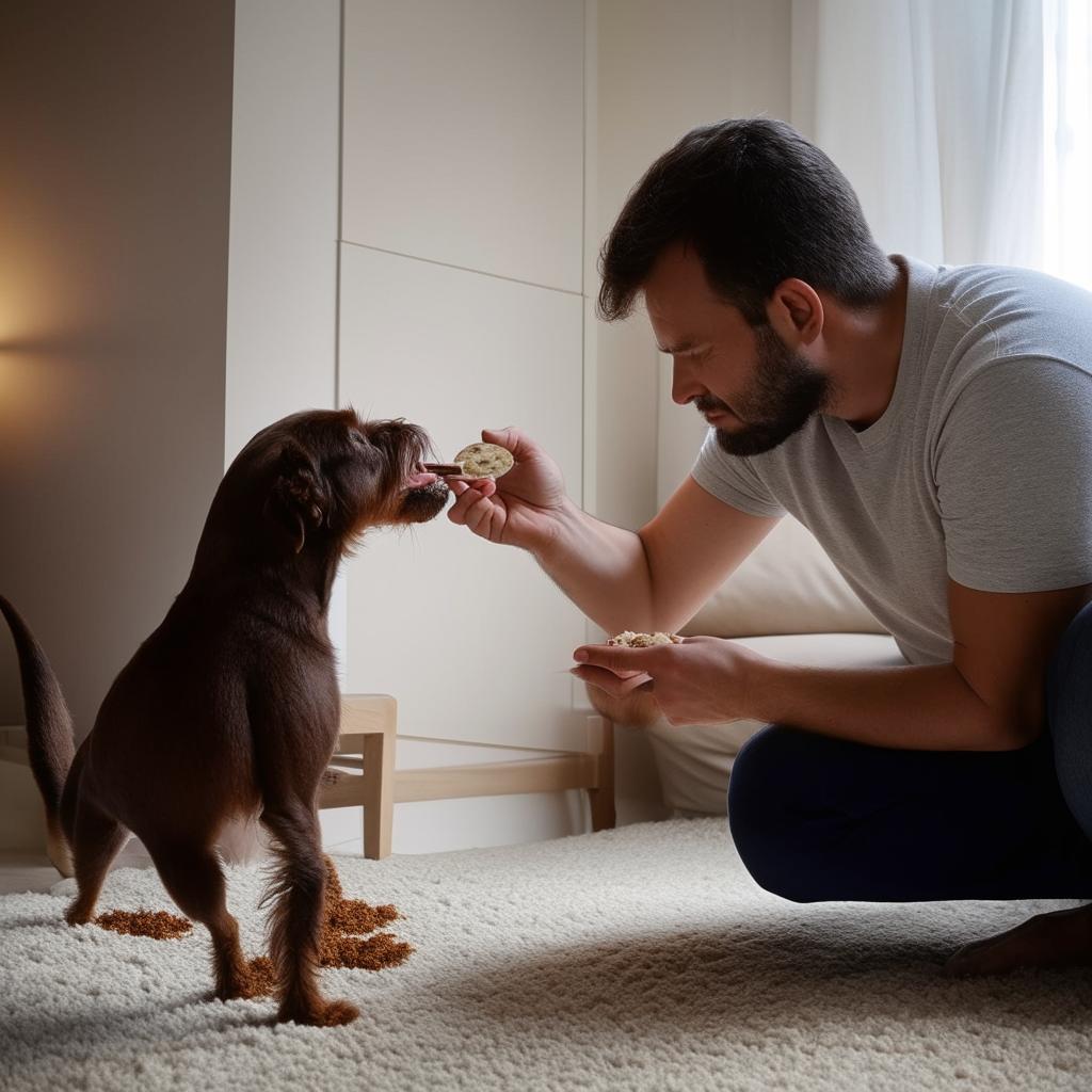 The man in the cozy living room tenderly feeds his dog with an intriguing, exotic food.