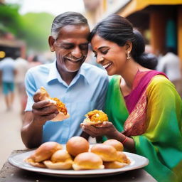 A cheerful couple blissfully sharing vadapav, an Indian street food, in a lively, colorful outdoor setting