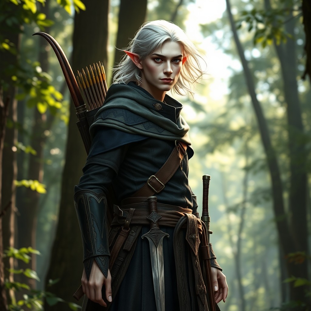 An elf-vampire ranger standing in a lush forest setting, surrounded by tall trees