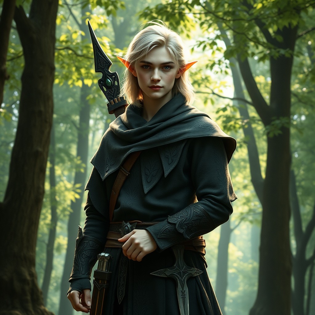 An elf-vampire ranger in a fantasy style stands in a serene forest setting, surrounded by towering trees with soft light filtering through the lush green leaves