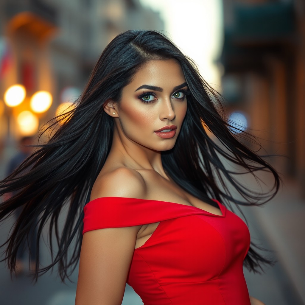 A stunningly beautiful woman exuding confidence and allure