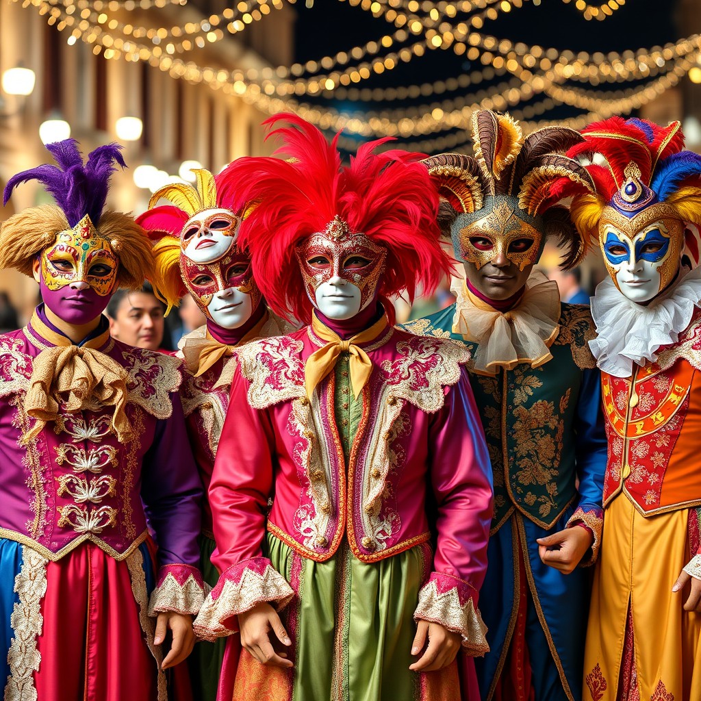 A vibrant group of young men dressed in elaborate Venetian carnival costumes, complete with ornate masks and colorful attire