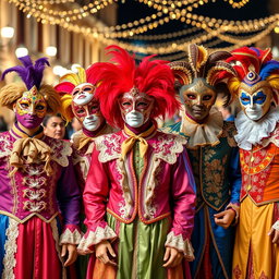 A vibrant group of young men dressed in elaborate Venetian carnival costumes, complete with ornate masks and colorful attire