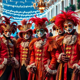A vibrant group of young men dressed in elaborate Venetian carnival costumes, complete with ornate masks and colorful attire